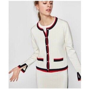 ZARA Knit Women's Vintage Style Cardigan Faux Pearl Buttons White/Red/Black XL